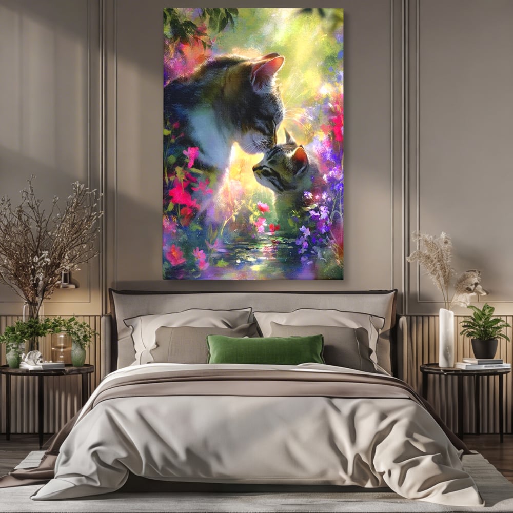 Tablou canvas cu tablou canvas cu pisici mangaite in gradina, fara rama, pe sasiu de lemn, pe perete intr-un dormitor